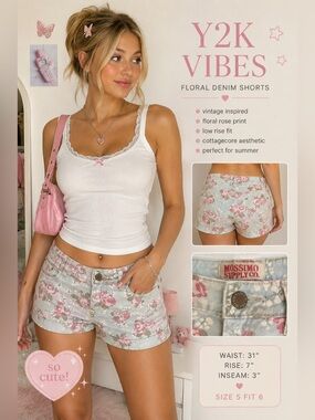 Mossimo Supply Co Floral Denim Shorts Women’s Size 5 Fit 6 Y2K Cottagecore